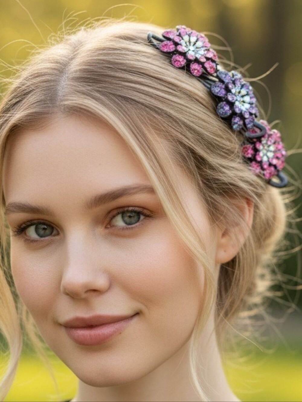 Set of 3 Crystal Flower Hair Clips - Hot Pink & Purple Set